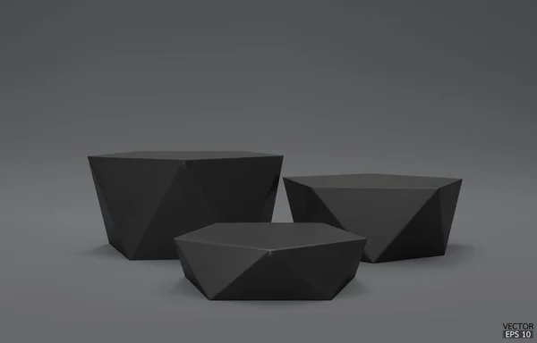 黑色几何台阶讲台 3个黑色六边形立方体 灰色背景的正方形讲台 概念场景展示 化妆品 3D矢量插图 — 图库矢量图片