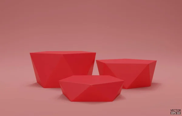 红色几何台阶讲台 3个红色六边形立方体 红色背景的正方形讲台 概念场景展示 化妆品 3D矢量插图 — 图库矢量图片