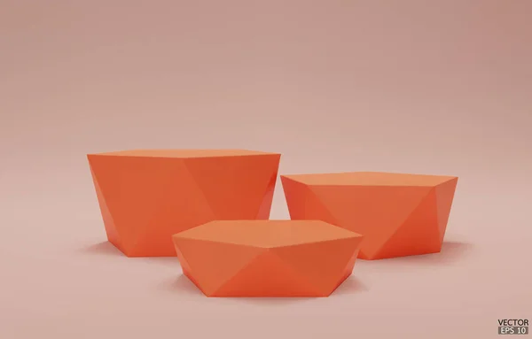 橙色几何台阶讲台 3橙色六边形立方体 橙色背景的正方形讲台 概念场景展示 化妆品 3D矢量插图 — 图库矢量图片