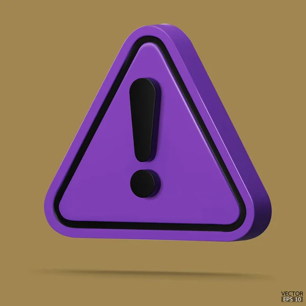 3D现实紫色三角形警告信号隔离背景 危险警告标志 带有感叹号符号 危险警报危险注意图标3D矢量图解 — 图库矢量图片