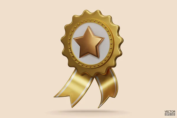 3D品质的金牌保证了有明星和彩带的奖牌 金章保修图标孤立在米色背景 现实图形证书徽章图标 黄色奖章 3D矢量插图 — 图库矢量图片