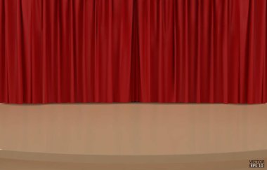 Kırmızı kadife perdeli boş tiyatro sahnesi. Kapalı kırmızı sahne perdesi ve ahşap zemin. Opera sahnesi perde arkası, konser büyük açılışı ya da sahne arkası sinema, seremoni sahnesi. 3d vektör illüstratonu.