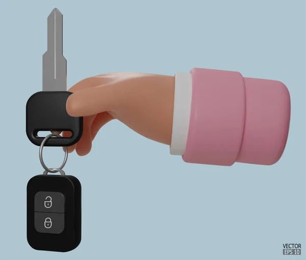 車のキー住宅ローンを保持する3D漫画の手 手は青の背景に隔離されたキーを保持します 3Dベクトル図 — ストックベクタ
