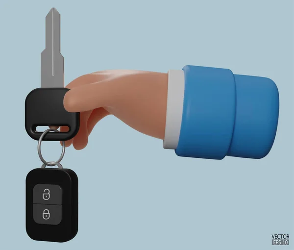 車のキー住宅ローンを保持する3D漫画の手 手は青の背景に隔離されたキーを保持します 3Dベクトル図 — ストックベクタ