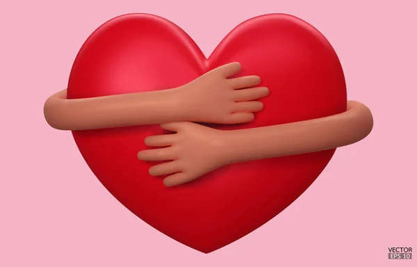 Manos Abrazando Corazón Rojo Con Amor Mano Dibujos Animados Abrazando — Archivo Imágenes Vectoriales
