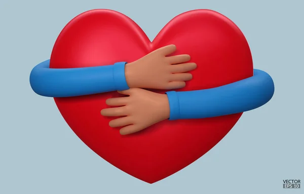 Mãos Abraçando Coração Vermelho Com Amor Mão Dos Desenhos Animados — Vetor de Stock