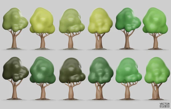 白い背景に孤立した木々のセット ランドスケープデザイン 公園緑の木のための3Dツリー 都市マップ およびゲームのアイコン 緑の森の植物コレクション 3Dレンダリングベクトル図 — ストックベクタ
