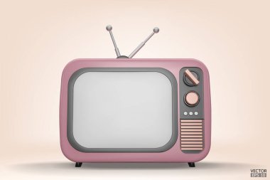 3 boyutlu Pembe Vintage Televizyon Çizgi Filmi stili arka planda izole edildi. Minimum Retro TV. Pembe analog televizyon. Antenli eski bir televizyon. 3d vektör illüstrasyonu.