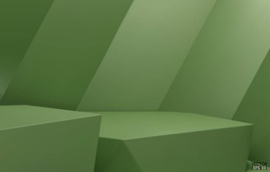 3 boyutlu geometrik 2 basamaklı podyum. Yeşil çay rengi altıgen küp, yeşil arka planda kare podyum. Konsept sahne gösterisi, ürün, promosyon satışı, afiş, sunum, kozmetik. 3B vektör illüstrasyonu.