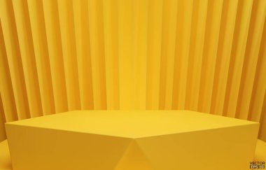 3D vektör geometrik podyum. Sarı altıgen küp, sarı arka planda kare podyum. Konsept sahne gösterisi, ürün, promosyon satışı, afiş, sunum, kozmetik. 3B vektör illüstrasyonu.