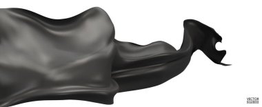 Siyah ipek kumaş arka planında dalgalanan. Beyaz arkaplanda büyük açılış töreni için izole edilmiş pürüzsüz siyah saten. Siyah perde. 3d vektör illüstrasyonu.