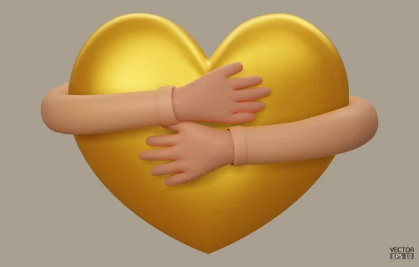 Mãos Abraçando Coração Ouro Com Amor Mão Dos Desenhos Animados — Vetor de Stock