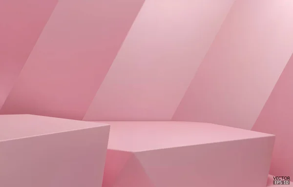 3D几何2级平台 粉色六角形立方体 正方形讲台粉红色背景 概念场景展示 化妆品 3D矢量插图 — 图库矢量图片