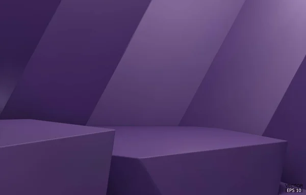 3D几何2级平台 紫色六边形立方体 紫色背景的正方形讲台 概念场景展示 化妆品 3D矢量插图 — 图库矢量图片
