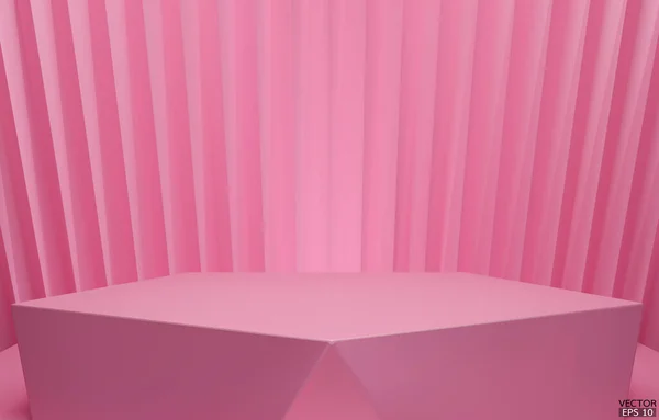 3D矢量几何平台 粉色六角形立方体 正方形讲台粉红色背景 概念场景展示 化妆品 3D矢量插图 — 图库矢量图片