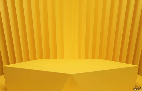 3D矢量几何平台 黄色六边形立方体 黄色背景的正方形讲台 概念场景展示 化妆品 3D矢量插图 — 图库矢量图片