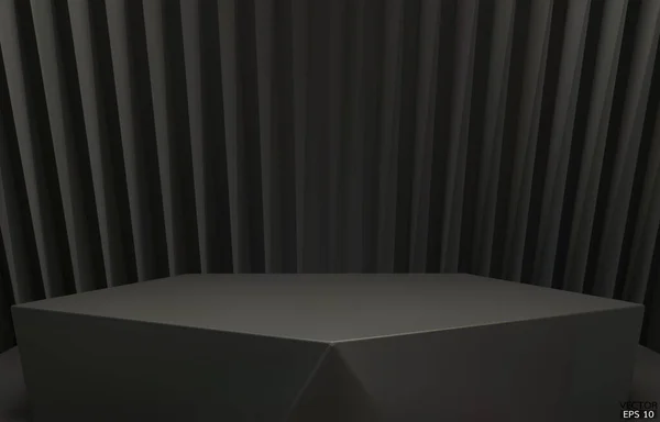3D矢量几何平台 黑色六边形立方体 黑色背景的正方形讲台 概念场景展示 化妆品 3D矢量插图 — 图库矢量图片
