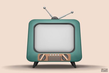 3 boyutlu yeşil Vintage Television çizgi film tarzını arkaplanda izole et. Minimum Retro TV. Yeşil analog televizyon. Antenli eski bir televizyon. 3d vektör illüstrasyonu.