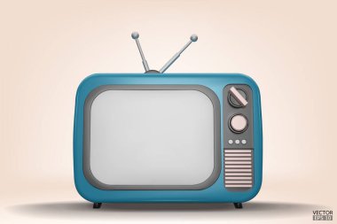 Arka planda 3D renkte mavi Vintage Television tarzını izole et. Minimum Retro TV. Mavi analog televizyon. Antenli eski bir televizyon. 3d vektör illüstrasyonu.