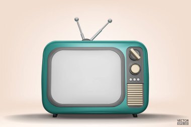 3 boyutlu yeşil Vintage Television çizgi film tarzını arkaplanda izole et. Minimum Retro TV. Yeşil analog televizyon. Antenli eski bir televizyon. 3d vektör illüstrasyonu.