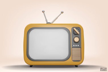 Arkaplanda 3 boyutlu sarı Vintage Television çizgi film stili izole edilmiş. Minimum Retro TV. Sarı analog televizyon. Antenli eski bir televizyon. 3d vektör illüstrasyonu.