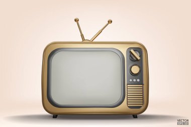 Arkaplanda 3D altın renkli Vintage Television çizgi film stili izole edildi. Minimum Retro TV. Altın analog televizyon. Antenli eski bir televizyon. 3d vektör illüstrasyonu.