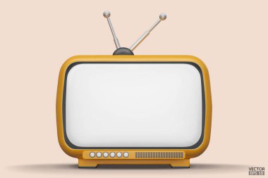 Arkaplanda 3 boyutlu sarı Vintage Television çizgi film stili izole edilmiş. Minimum Retro TV. Sarı analog televizyon. Antenli eski bir televizyon. 3d vektör illüstrasyonu.