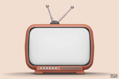 Arka planda 3 boyutlu turuncu renkli Vintage Television tarzı karikatür izole edildi. Minimum Retro TV. Turuncu analog televizyon. Antenli eski bir televizyon. 3d vektör illüstrasyonu.