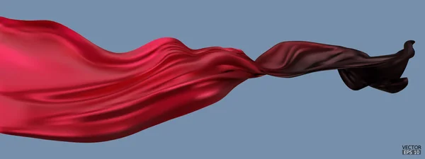 青色の背景に隔離された黒い絹織物の旗に赤の空飛ぶグラデーション 滑らかなエレガントなカラフルなグラデーショングランドオープン式のためのサテン 3Dベクトル図 — ストックベクタ