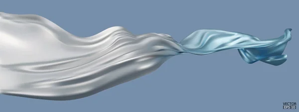 青の背景に隔離された青の絹織物の旗に白い空飛ぶグラデーション 滑らかなエレガントなカラフルなグラデーショングランドオープン式のためのサテン 3Dベクトル図 — ストックベクタ