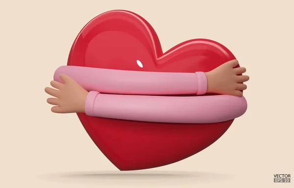 Mani Abbracciare Cuore Rosso Con Amore Cartoon Mano Abbracciando Cuore — Vettoriale Stock