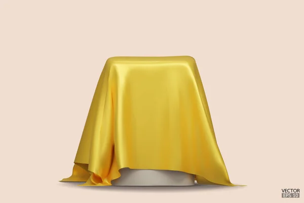 上面覆盖着一块黄色的丝绸 背景是米黄色的 现实的盒子 上面铺着黄色的布 产品的软垫 化妆品的展示 创意模拟了 3D矢量说明 — 图库矢量图片
