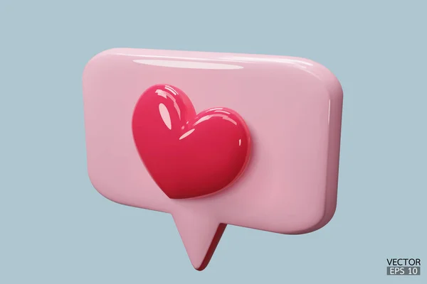 3D聊天粉色泡泡音图标与红心隔离背景 喜欢社交媒体的通知 社交媒体的语言泡沫与心脏 3D矢量图解 — 图库矢量图片