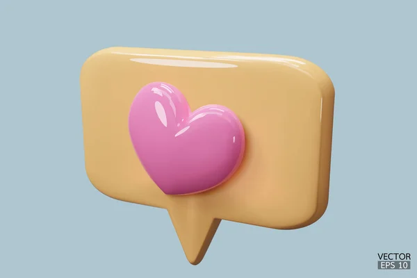 3D聊天黄色泡泡音图标与粉色心脏隔离背景 喜欢社交媒体的通知 社交媒体的语言泡沫与心脏 3D矢量图解 — 图库矢量图片