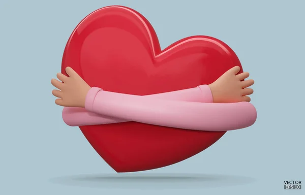 Руки Обнимающие Красное Сердце Любовью Мультфильм Сердце Розовым Рукавом Голубом — стоковый вектор