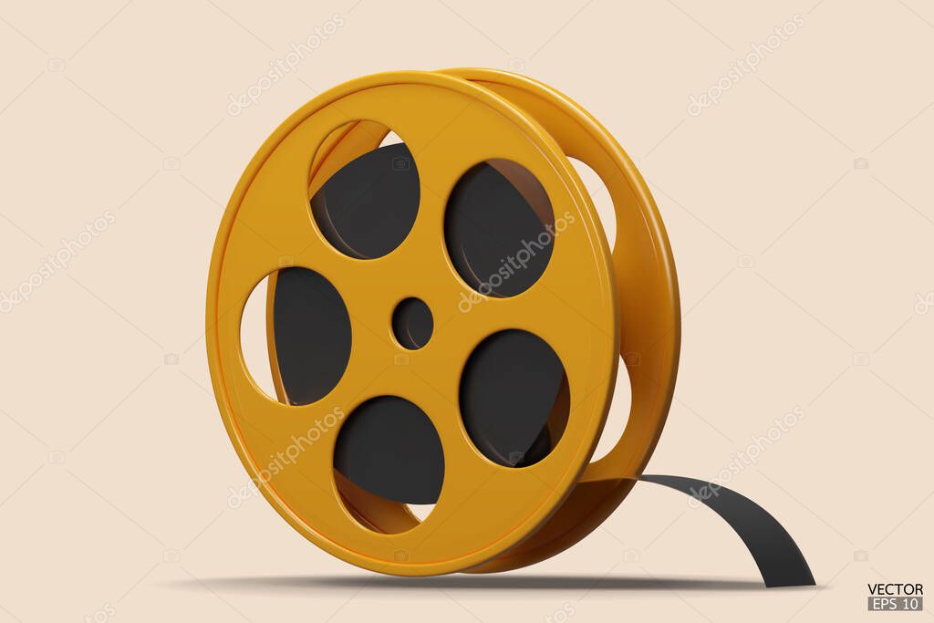 Yellow Film icon isolated on beige background. Video camera tape 3D sign symbols logo. Reel Camera Negative Film. 3d render movie,cinema, entertainment concept. 3D Vector Illustration.