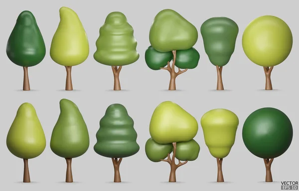 白い背景に孤立した木々のセット ランドスケープデザイン 公園緑の木のための3Dツリー 都市マップ およびゲームのアイコン 緑の森の植物コレクション 3Dレンダリングベクトル図 — ストックベクタ