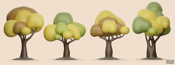 白い背景に単離された木のセット ランドスケープデザイン ガーデン パークグリーンツリーの3Dツリー 都市地図やゲームのアイコン 秋の森の植物コレクション 3Dレンダリングベクトルイラスト — ストックベクタ