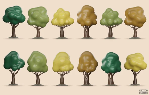 白い背景に単離された木のセット ランドスケープデザイン ガーデン パークグリーンツリーの3Dツリー 都市地図やゲームのアイコン 秋の森の植物コレクション 3Dレンダリングベクトルイラスト — ストックベクタ