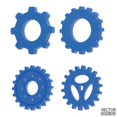 4 mavi dişli simgesi. Mavi şanzıman dişlileri ve dişliler beyaz arka planda izole edilmiş. Mavi Makine teçhizatı, sembol belirleme, tamir ve iş akışı konseptini optimize etme. 3d vektör illüstrasyonu.