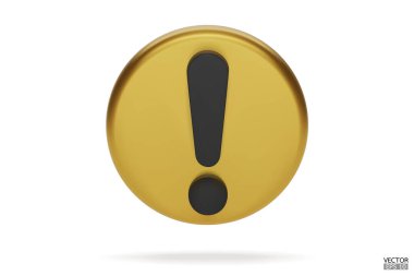 3D Gerçekçi Altın Yuvarlak Uyarı işareti beyaz arka planda izole edildi. Tehlike uyarısı işareti ve ünlem işareti. Tehlike, Alarm, Tehlikeli dikkat ikonu. 3B Vektör illüstrasyonu.