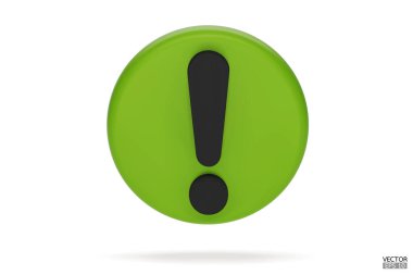 3D gerçekçi yeşil yuvarlak uyarı işareti beyaz arka planda izole edildi. Tehlike uyarısı işareti ve ünlem işareti. Tehlike, Alarm, Tehlikeli dikkat ikonu. 3B Vektör illüstrasyonu.