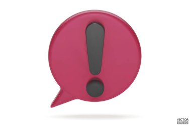 Beyaz arka planda 3D gerçekçi pembe yuvarlak uyarı işareti. Tehlike uyarısı işareti. Ünlem işaretli bir konuşma balonu. Yorum simgesi. Tehlike, Alarm, Tehlikeli simge. 3B Vektör illüstrasyonu.