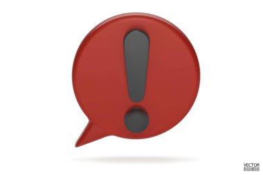 Beyaz arka planda 3D gerçekçi kahverengi yuvarlak uyarı işareti. Tehlike uyarısı işareti. Ünlem işaretli bir konuşma balonu. Yorum simgesi. Tehlike, Alarm, Tehlikeli simge. 3B Vektör illüstrasyonu.