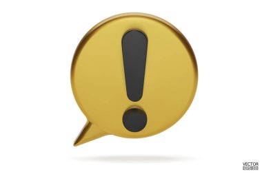 Beyaz arka planda 3D gerçekçi altın yuvarlak uyarı işareti. Tehlike uyarısı işareti. Ünlem işaretli bir konuşma balonu. Yorum simgesi. Tehlike, Alarm, Tehlikeli simge. 3B Vektör illüstrasyonu.