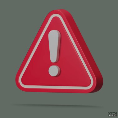 Arka planda 3d Gerçekçi Kırmızı Üçgen Uyarı İşareti izole edildi. Tehlike uyarısı işareti ve ünlem işareti. Tehlike, Alarm, Tehlikeli dikkat ikonu. 3B Vektör illüstrasyonu.