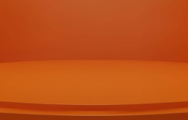 Soyut Lüks Turuncu Arkaplan. Boş turuncu Gradyan Odası, Stüdyo, Uzay. Ürünlerinizi göstermek için arka plan olarak kullanılan eğri bir sahne. 3B vektör çizimi.