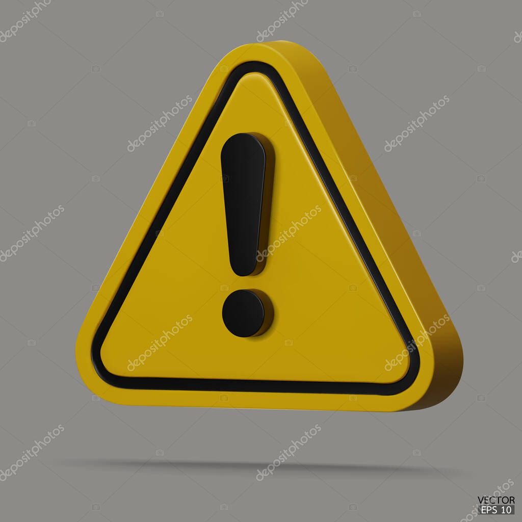 3d Realistic yellow triangle warning sign isolated on gray background. Hazard warning attention sign with exclamation mark symbol. Danger, Alert, Dangerous attention icon. 3D Vector illustration.