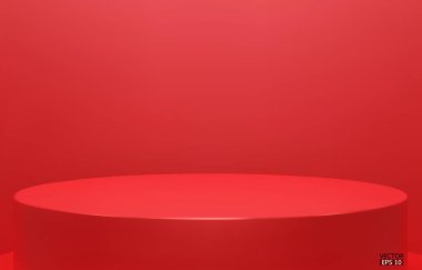 Stüdyonun arka planında parlak kırmızı bir kaide. Kırmızı boş ekran ya da ürün göstermek için temiz oda. Podyum gösterisi ya da vitrin için minimalist bir model. 3B vektör illüstrasyonu.