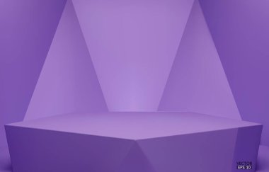 3D vektör geometrik podyum. Mor altıgen küp, mor arka planda kare podyum. Konsept sahne gösterisi, ürün, promosyon satışı, afiş, sunum, kozmetik. 3B vektör illüstrasyonu.
